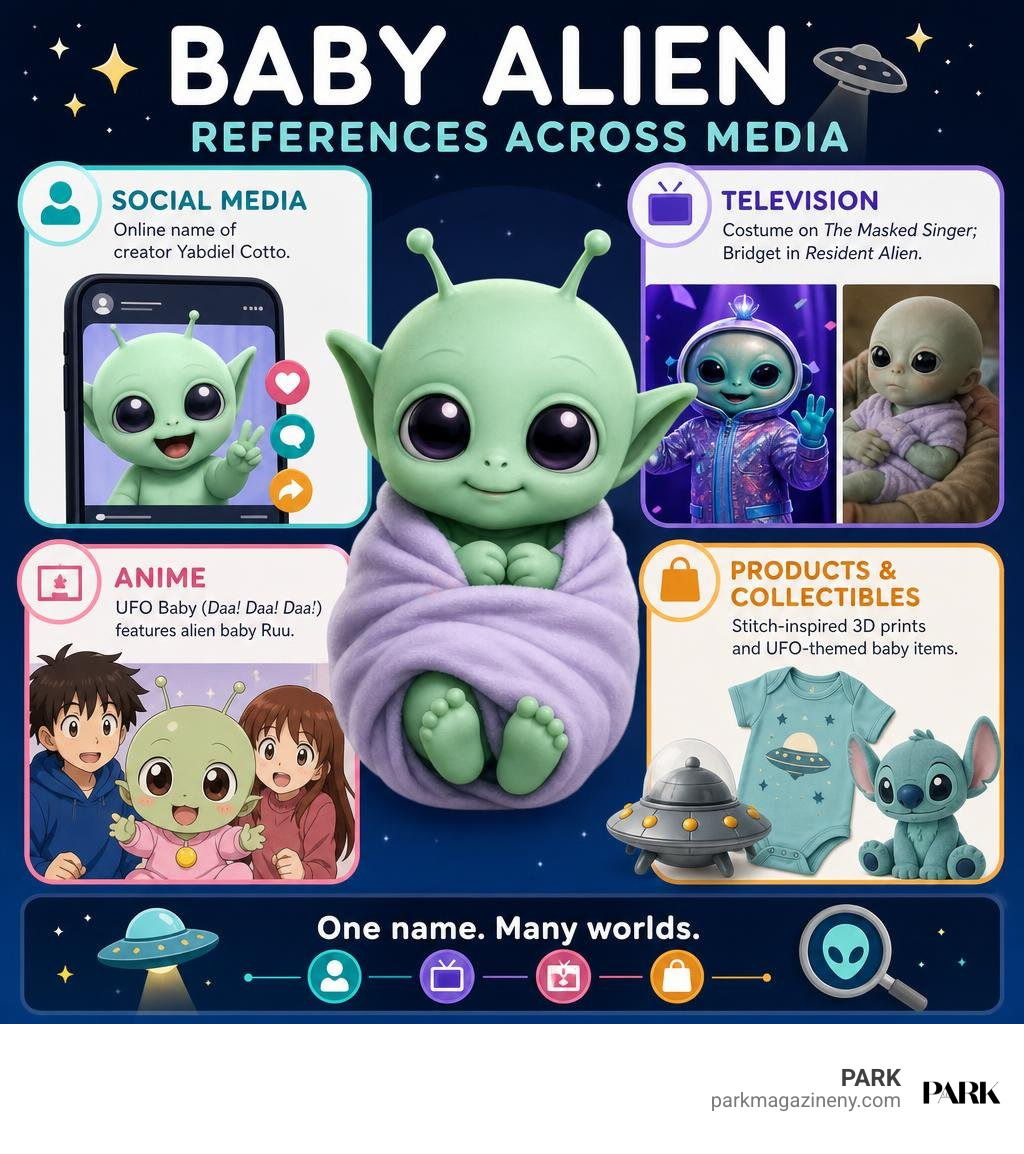 Baby Alien references across social media, TV, anime, and products infographic