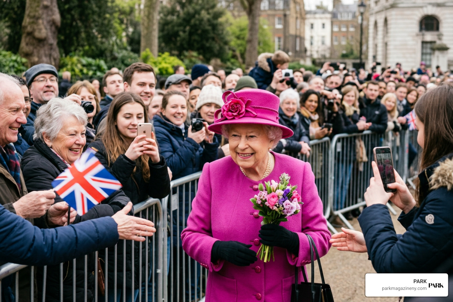 Queen Elizabeth in signature vibrant dress Queen Elizabeth in signature vibrant dress