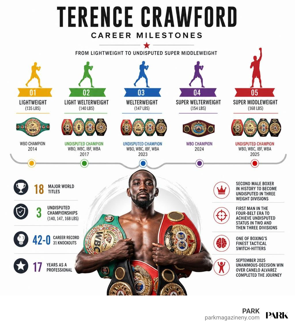 Terence Crawford career milestones from lightweight to undisputed super middleweight infographic Terence Crawford career milestones from lightweight to undisputed super middleweight infographic