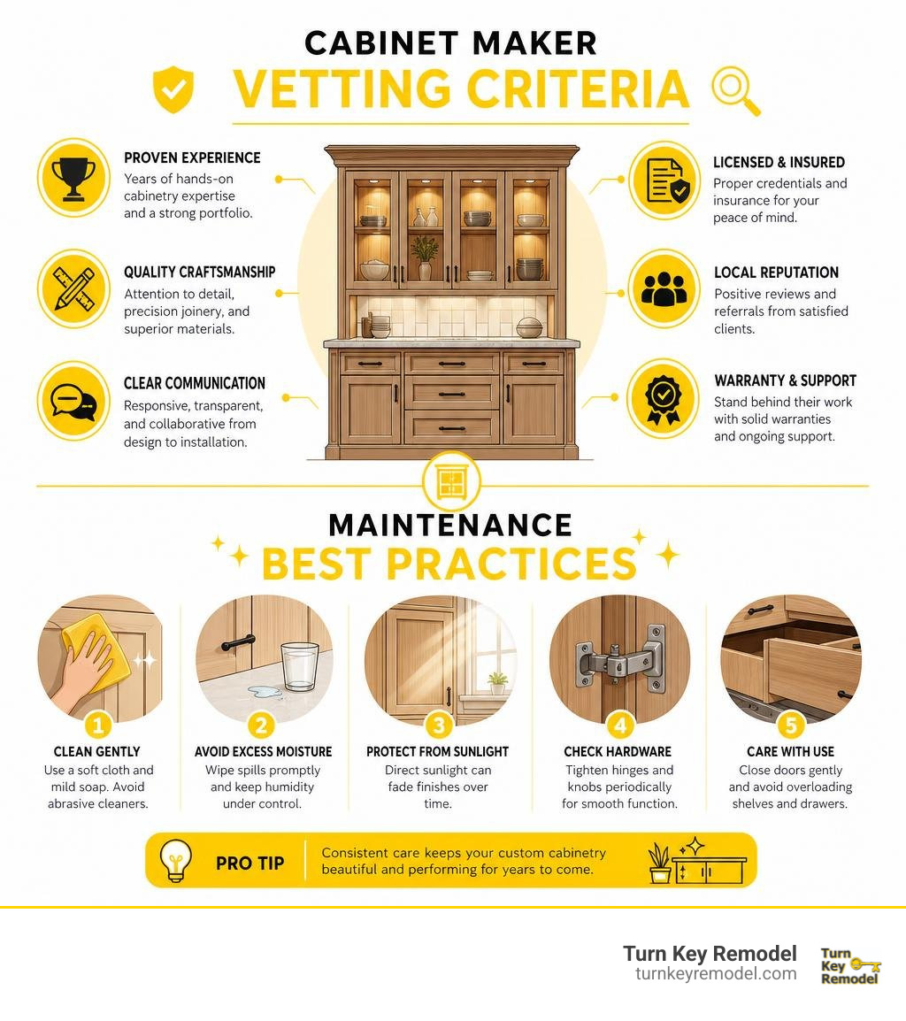 Cabinet maker vetting criteria and maintenance best practices infographic Cabinet maker vetting criteria and maintenance best practices infographic