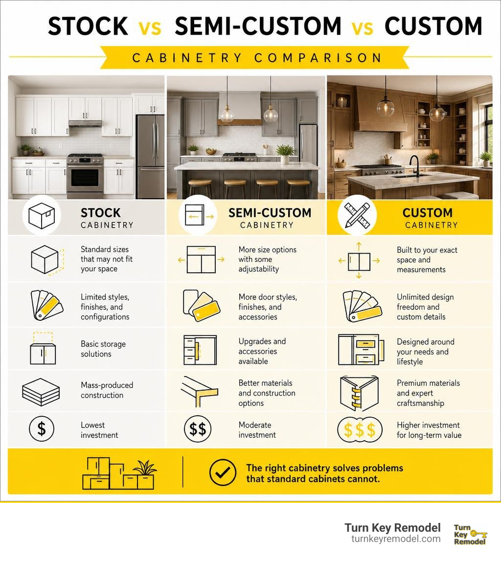 Stock vs semi-custom vs custom cabinetry comparison infographic Stock vs semi-custom vs custom cabinetry comparison infographic