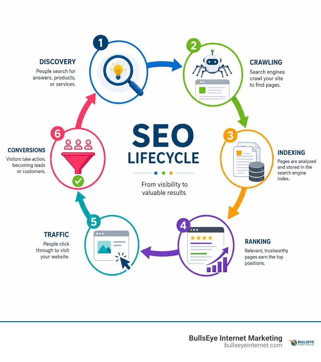 SEO lifecycle: discovery, crawling, indexing, ranking, traffic, conversions infographic