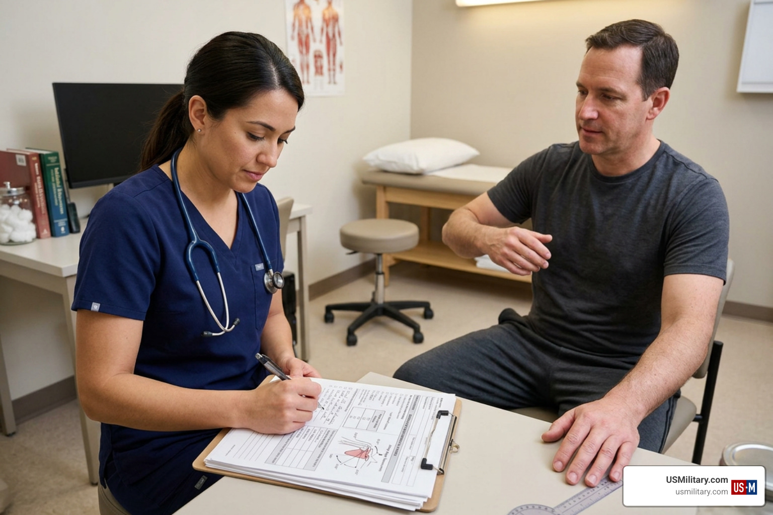Medical exam documents showing range of motion and METs testing