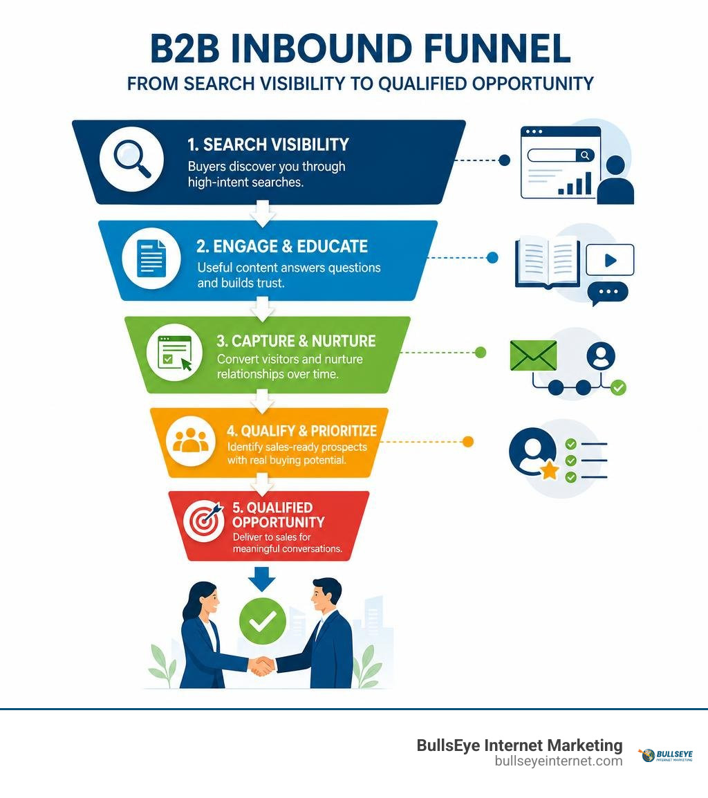 B2B inbound funnel from search visibility to qualified opportunity infographic