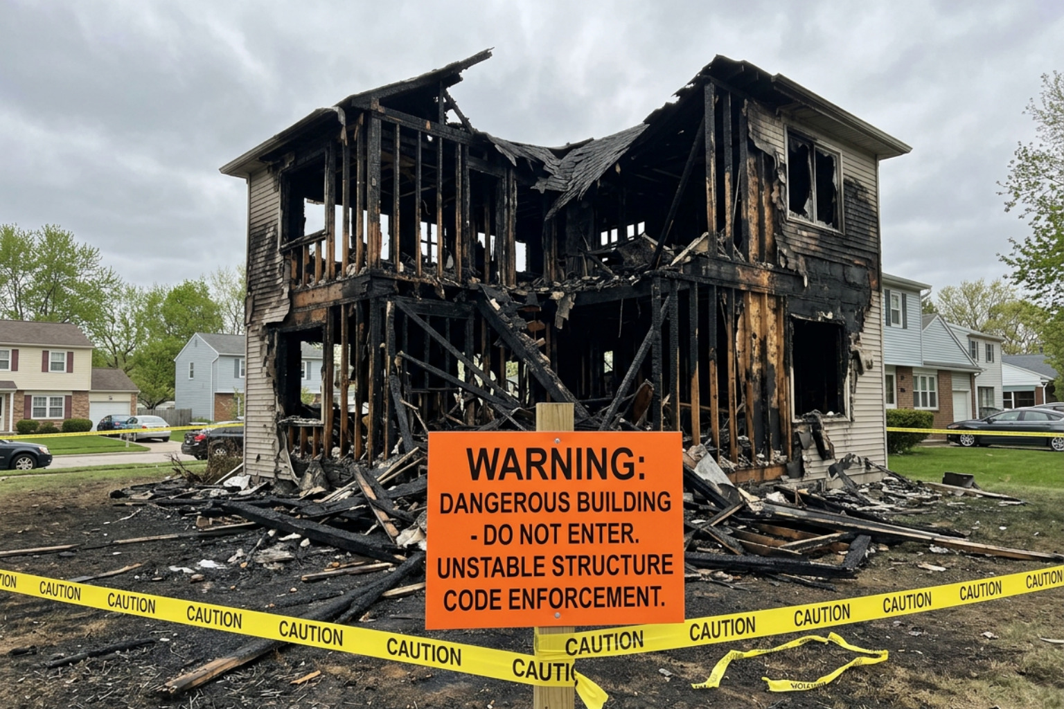 Burned residential building framework showing soot damage and municipal code enforcement zones Burned residential building framework showing soot damage and municipal code enforcement zones