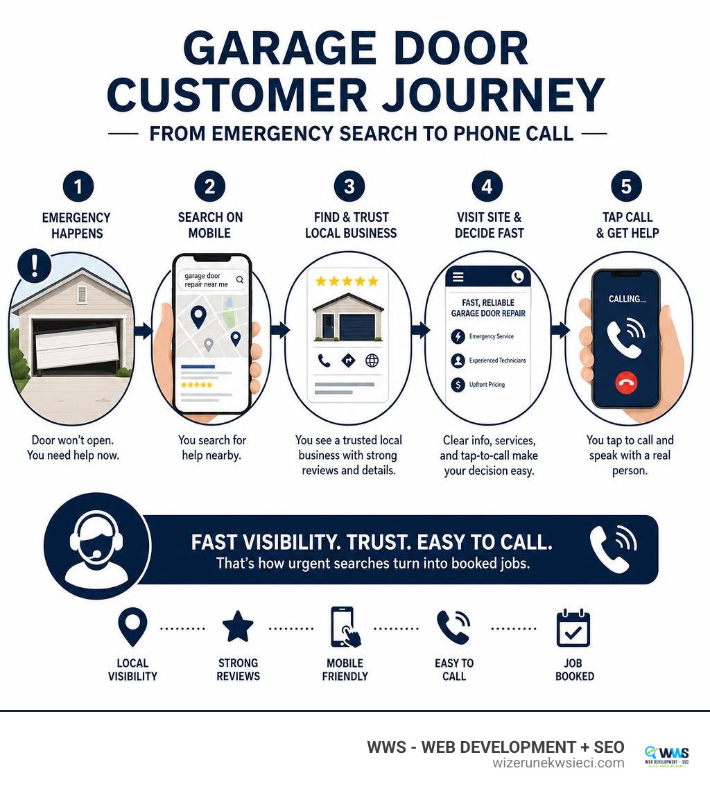 Garage door customer journey from emergency search to phone call infographic
