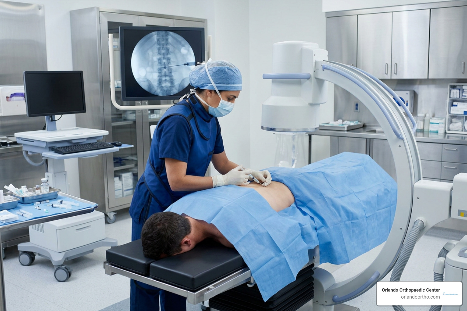 physician performing fluoroscopy-guided spinal injection procedure physician performing fluoroscopy-guided spinal injection procedure