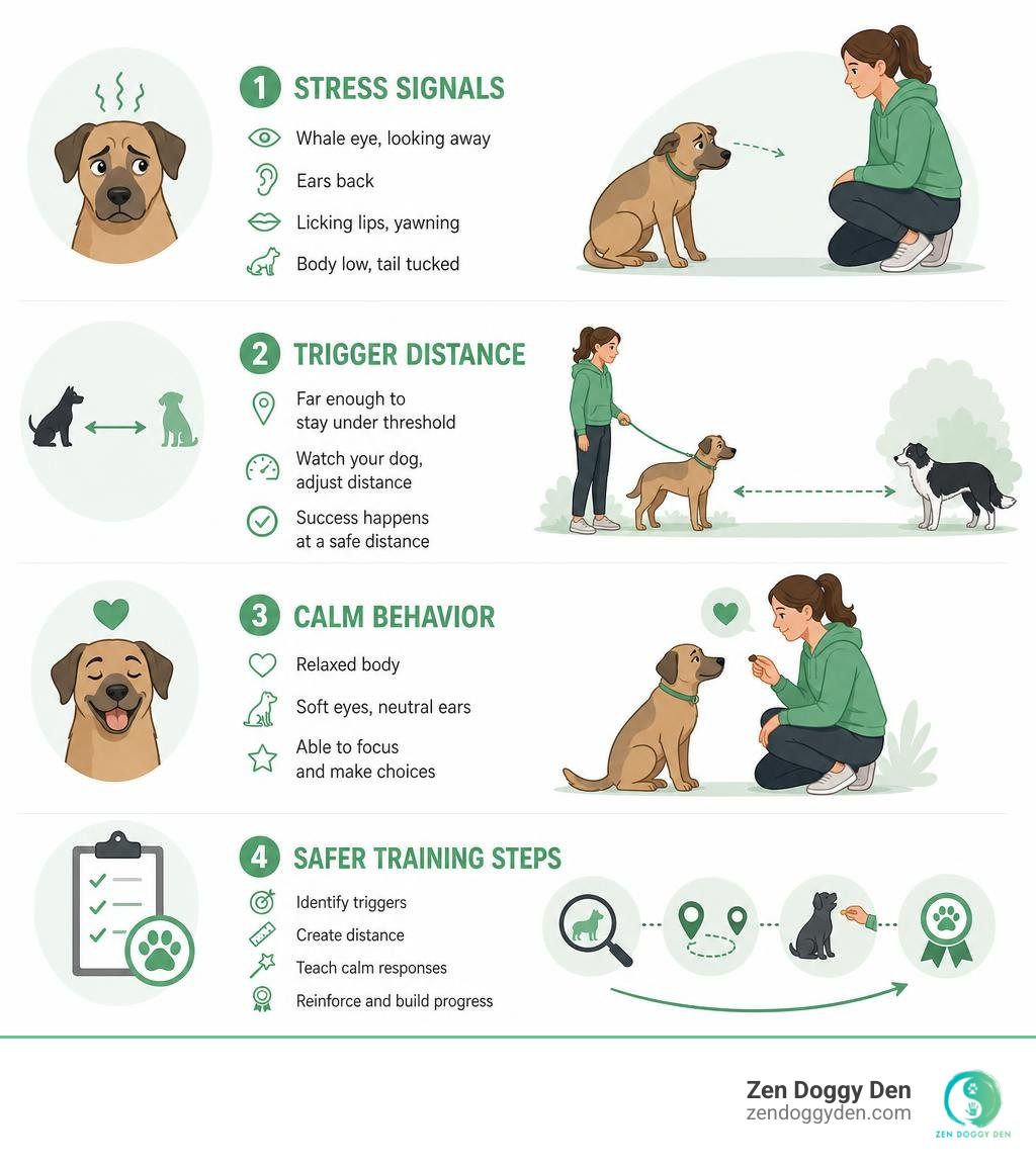 Infographic showing stress signals, trigger distance, calm behavior, and safer training steps infographic