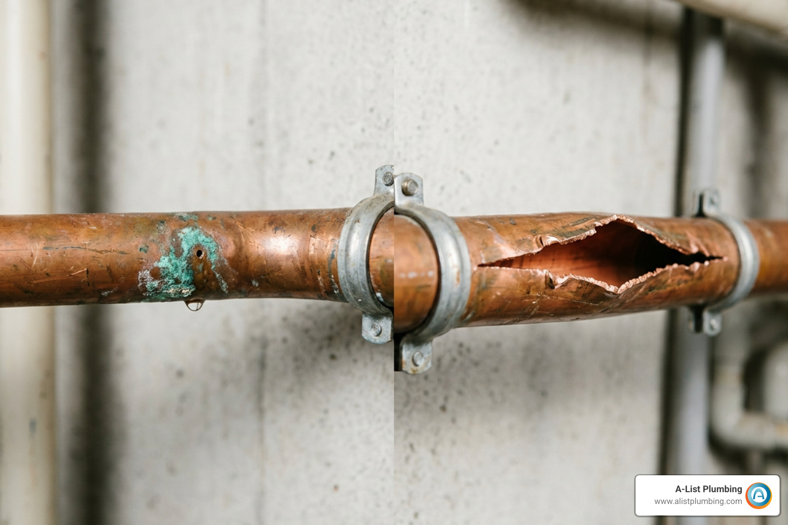 Pitting corrosion pinhole leak compared to a wide freeze split on copper tubing