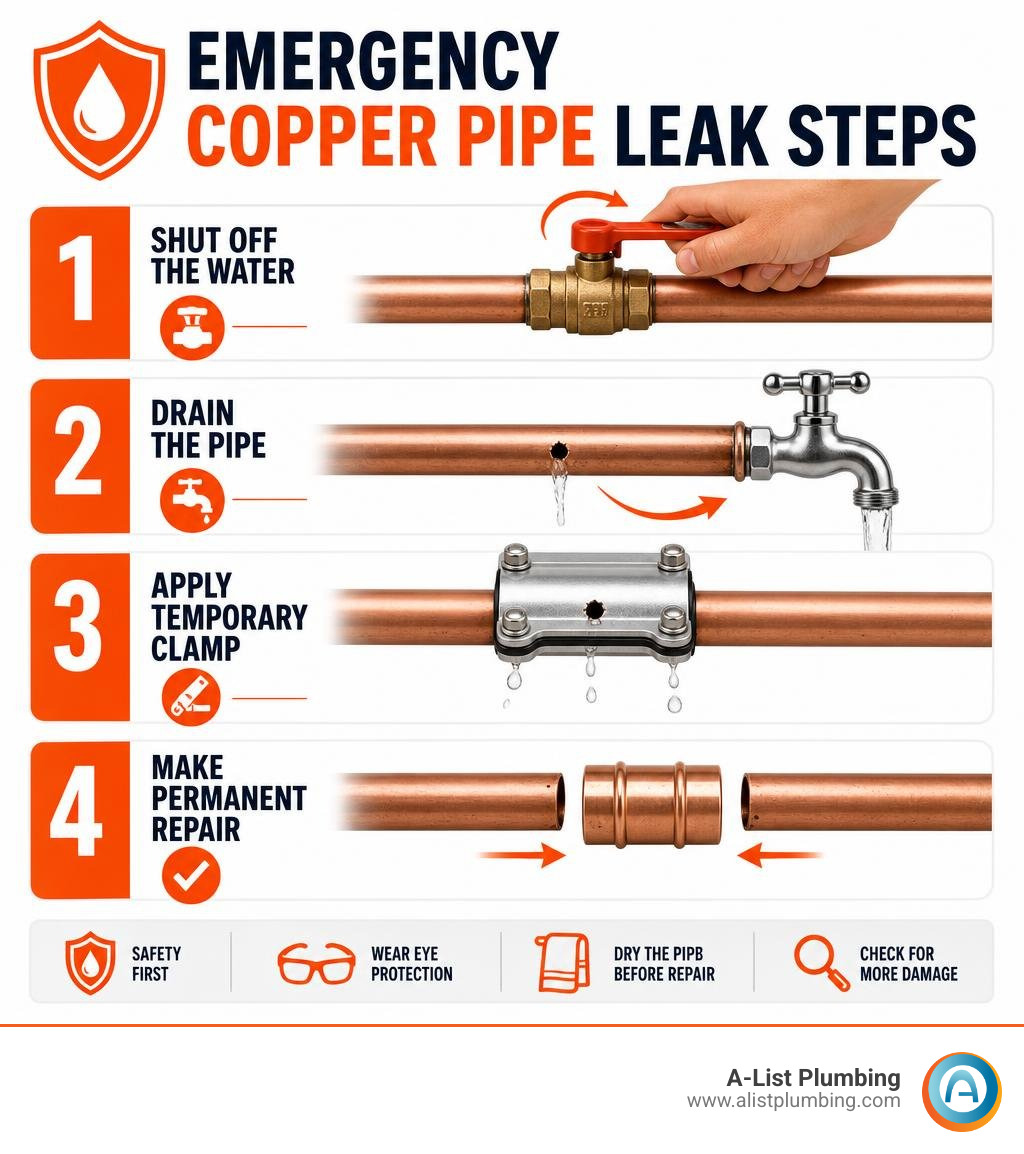 Emergency copper pipe leak steps: shut off water, drain pipe, temporary clamp, permanent repair infographic