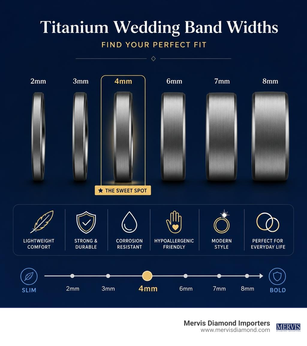 Titanium wedding band widths from 2mm to 8mm with 4mm highlighted infographic Titanium wedding band widths from 2mm to 8mm with 4mm highlighted infographic