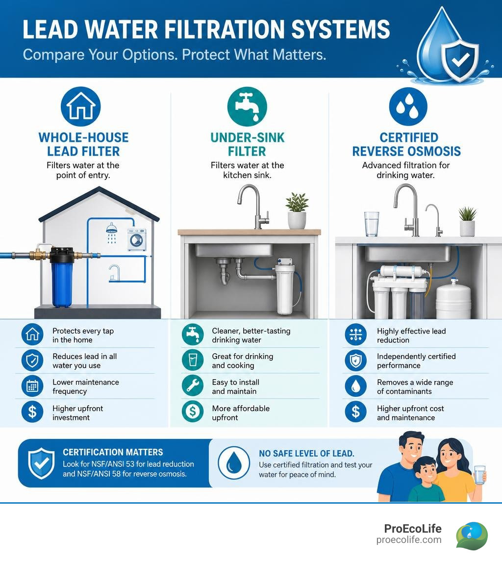 Infographic comparing whole-house lead filters, under-sink filters, and certified reverse osmosis infographic Infographic comparing whole-house lead filters, under-sink filters, and certified reverse osmosis infographic