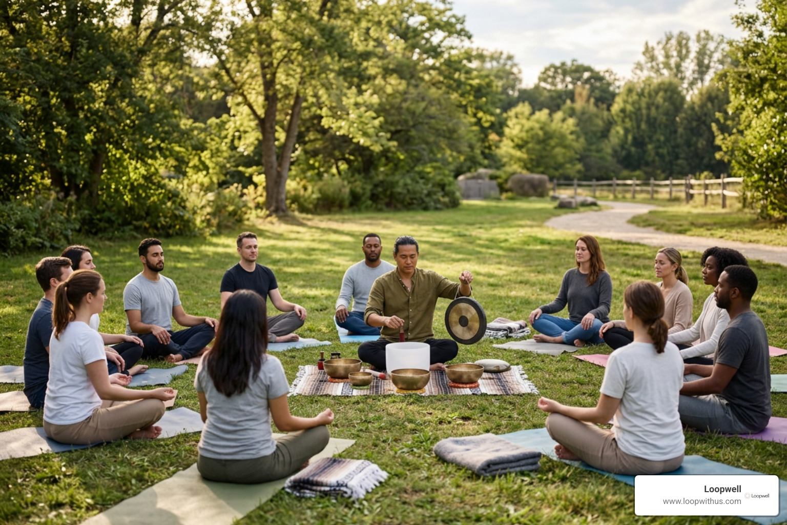 Diverse professionals experiencing an outdoor sound meditation reset Diverse professionals experiencing an outdoor sound meditation reset
