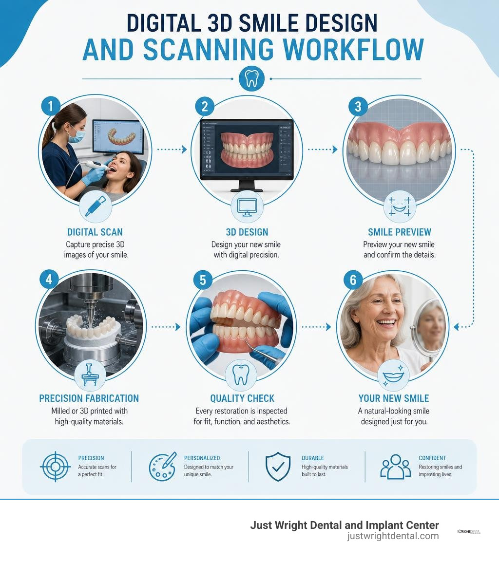 Digital 3D smile design and scanning workflow infographic