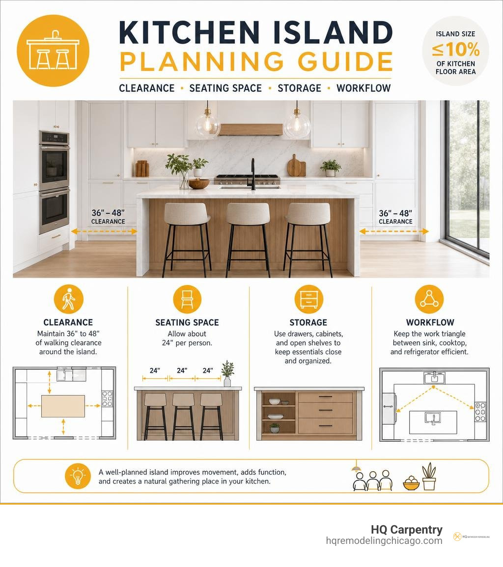 Kitchen island planning infographic: clearance, seating space, storage, and workflow infographic