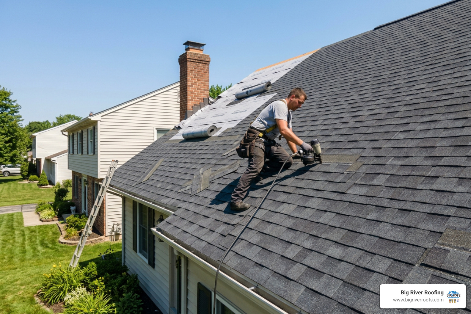Complete architectural shingle roof installation on a residential property Complete architectural shingle roof installation on a residential property