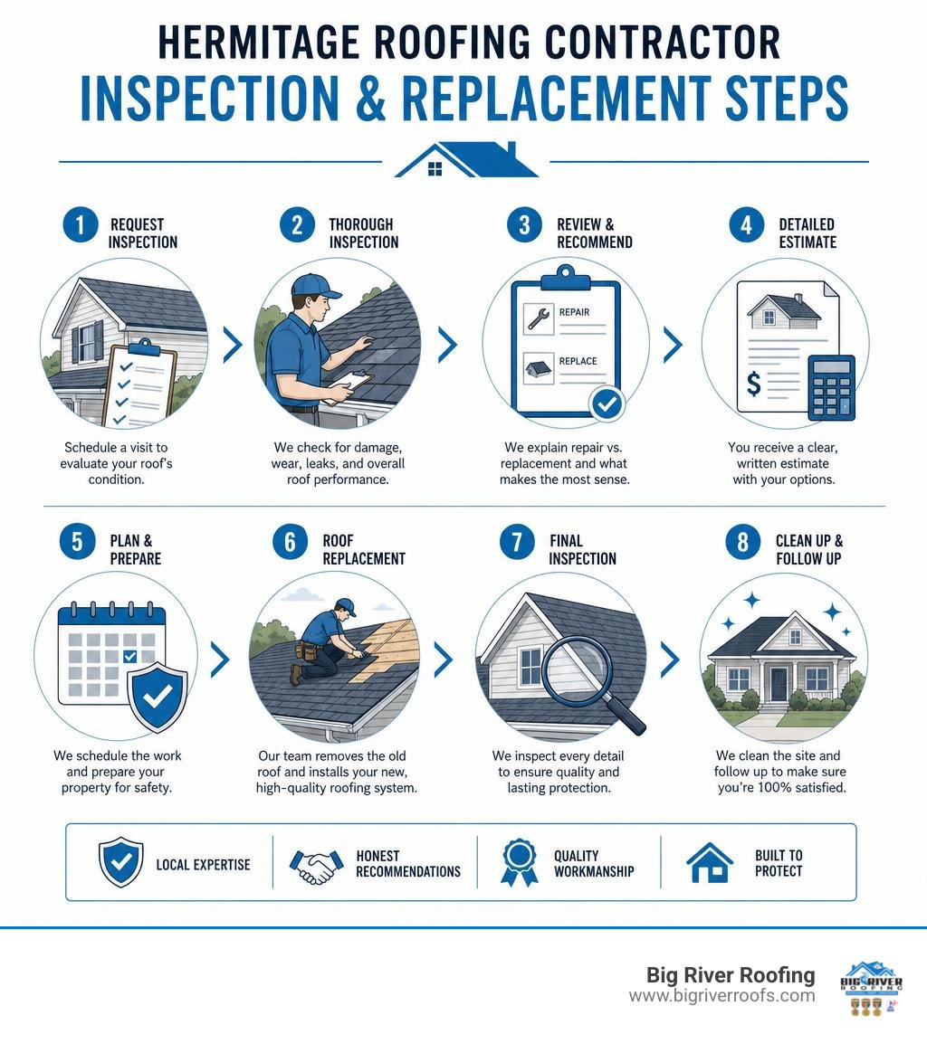 Hermitage roofing contractor inspection and replacement steps infographic Hermitage roofing contractor inspection and replacement steps infographic