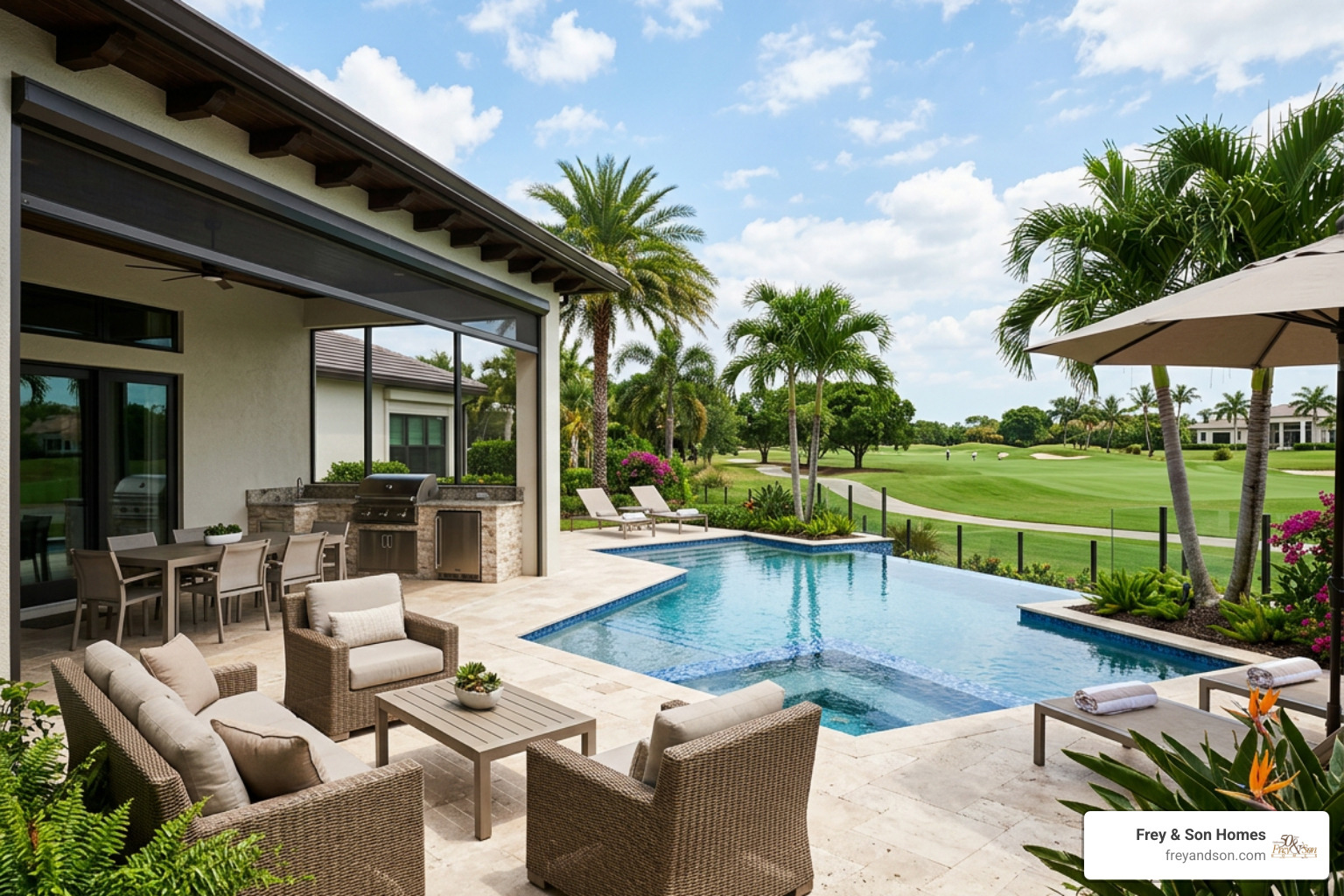 Modern Florida outdoor living lanai with custom pool overlooking golf course Modern Florida outdoor living lanai with custom pool overlooking golf course