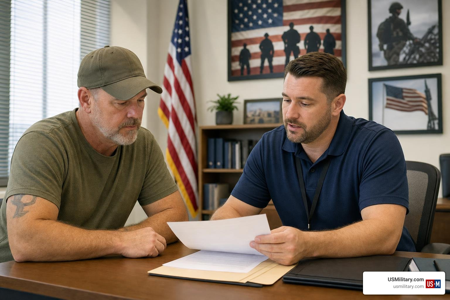 Veteran consulting with an accredited service representative