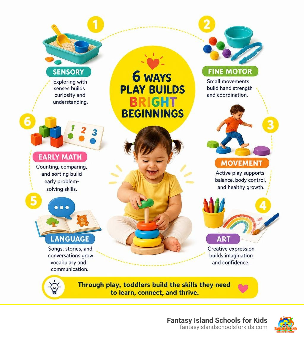 Infographic showing sensory, fine motor, movement, art, language, and early math play benefits infographic Infographic showing sensory, fine motor, movement, art, language, and early math play benefits infographic