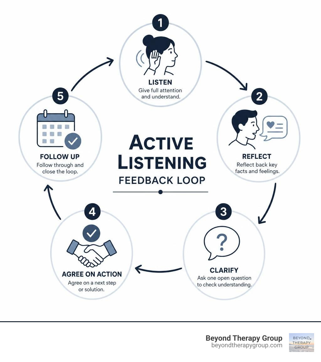active listening feedback loop: listen, reflect, clarify, agree on action, follow up infographic active listening feedback loop: listen, reflect, clarify, agree on action, follow up infographic