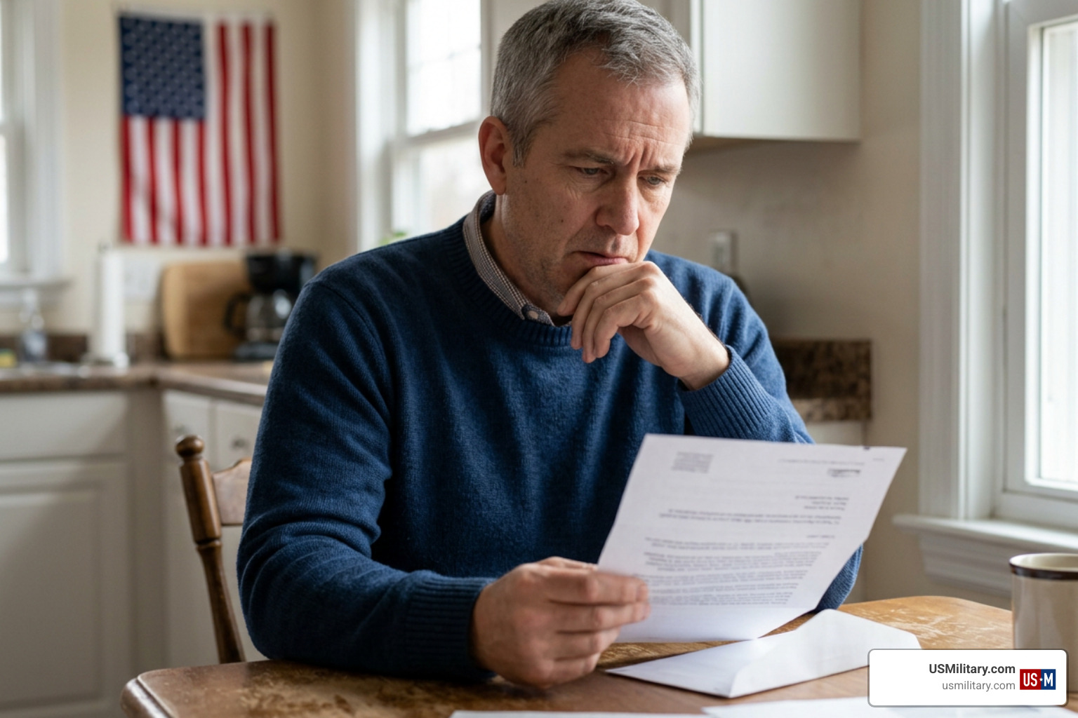 American Navy veteran looking at a Compensation and Pension exam notification letter American Navy veteran looking at a Compensation and Pension exam notification letter