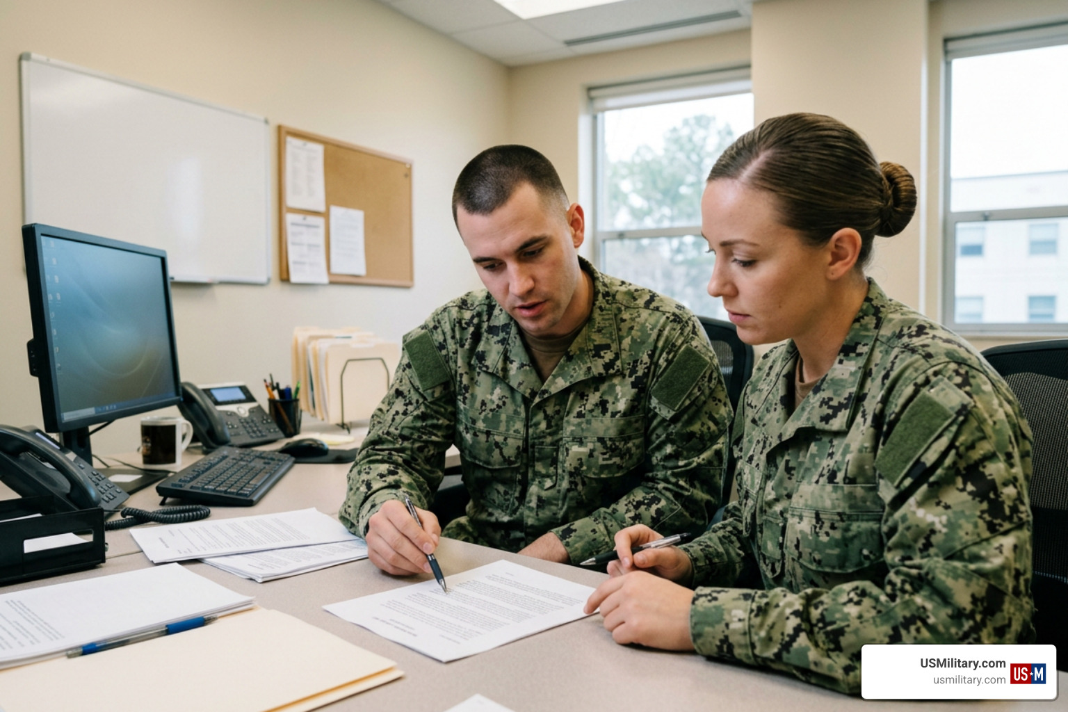 Navy personnel reviewing pay records