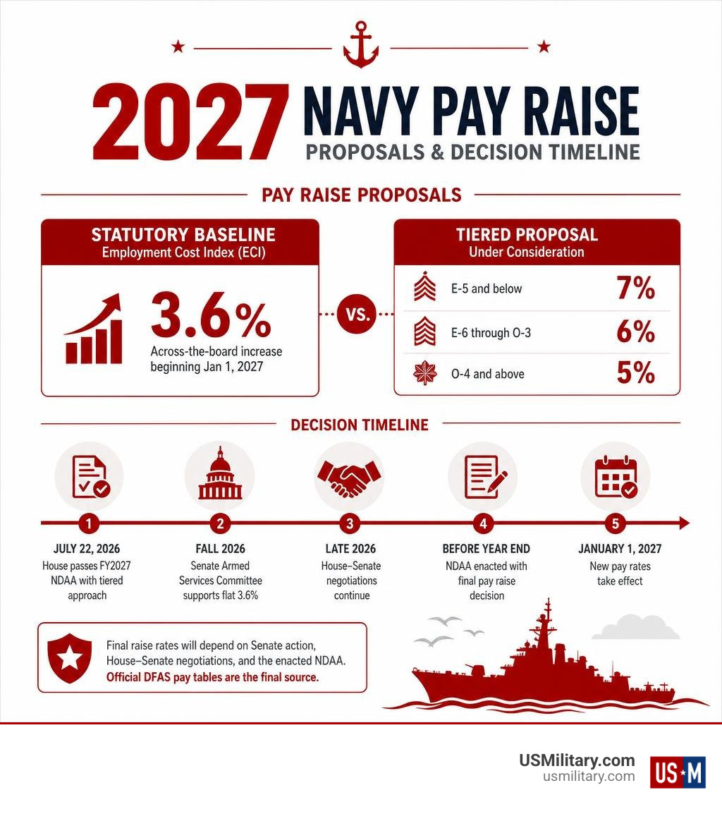 2027 Navy pay raise proposals and decision timeline infographic