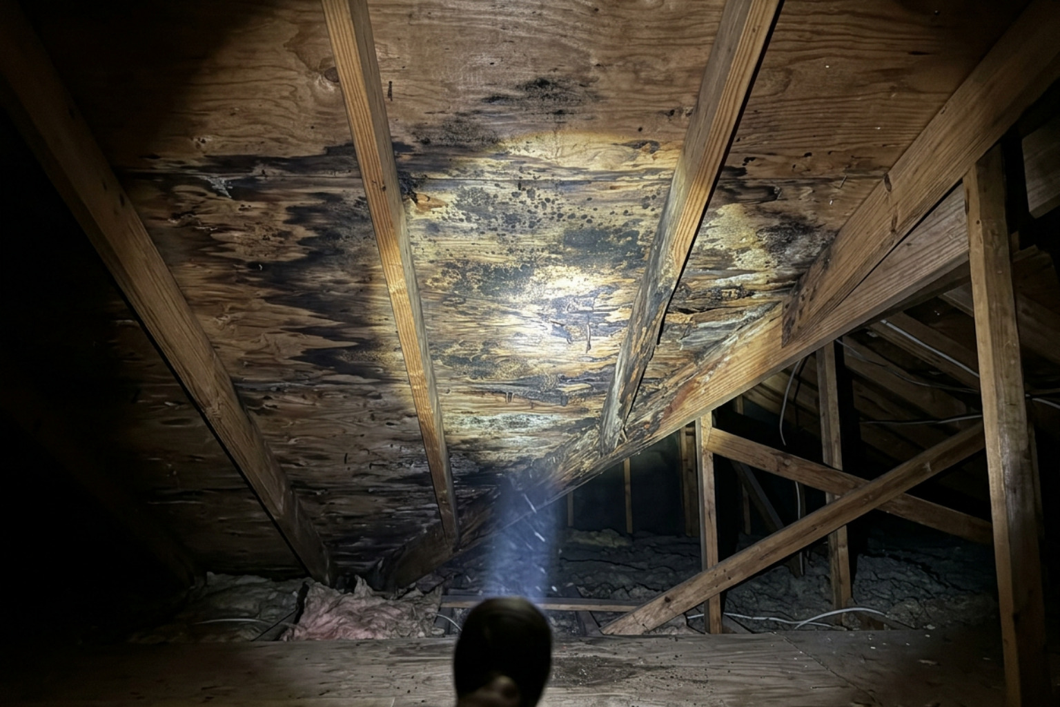 dark moisture stains and compromised roof decking inside an attic