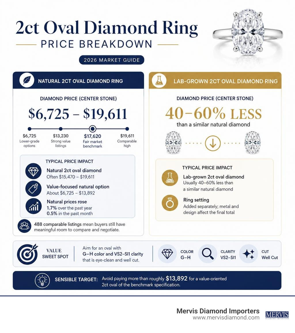 2ct oval diamond ring price breakdown for natural and lab-grown options infographic