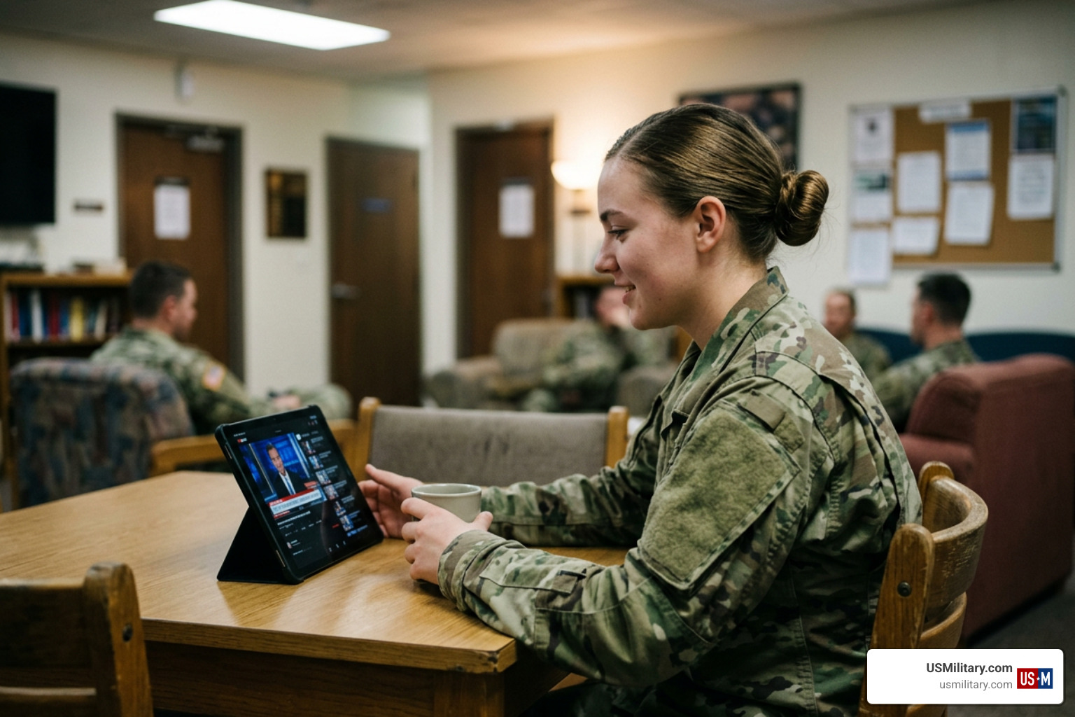 United States military service member watching video stream United States military service member watching video stream
