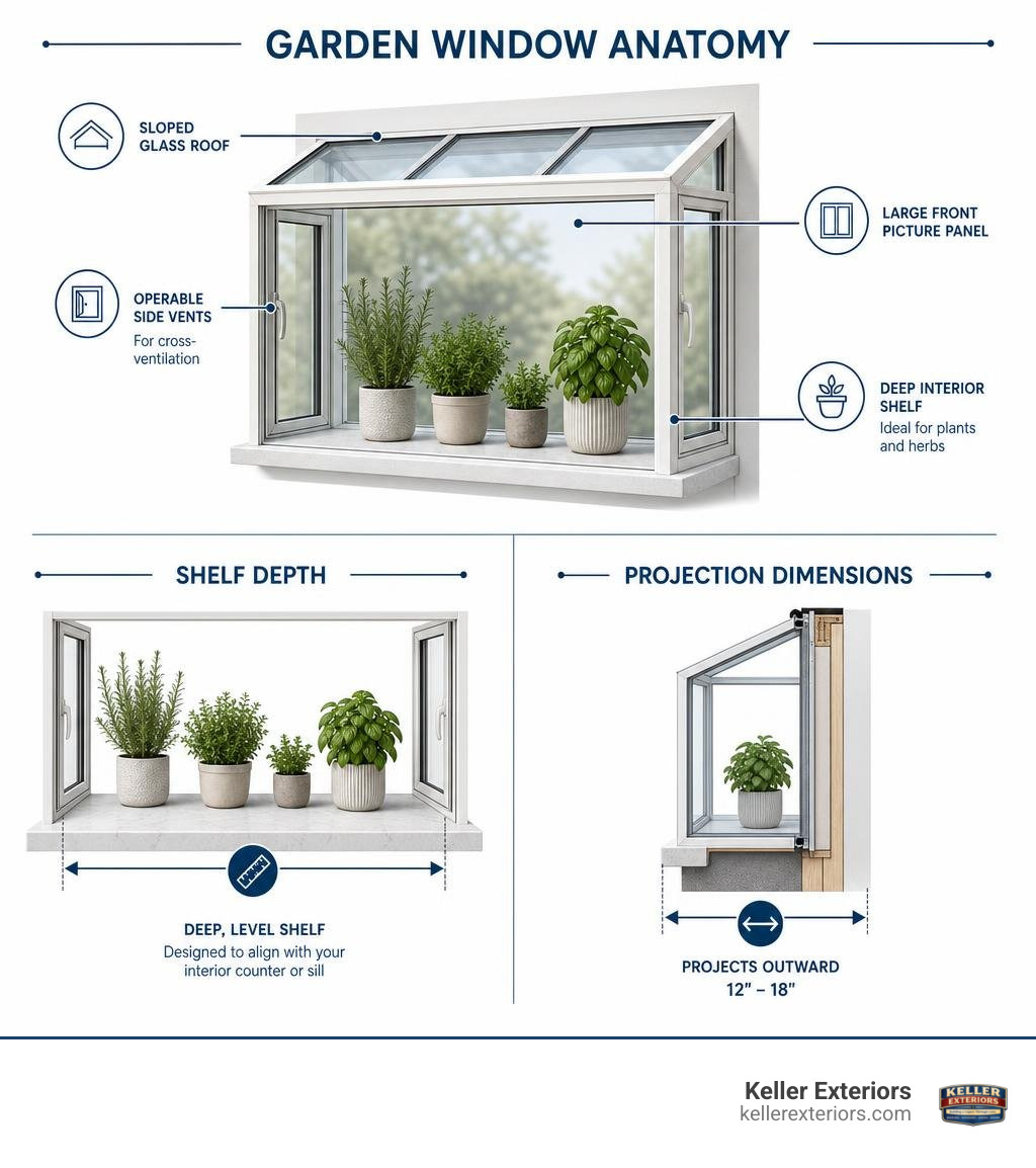 Garden window anatomy, shelf depth, and projection dimensions infographic