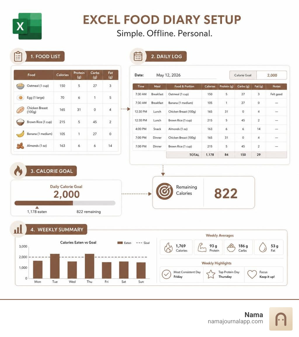 Excel food diary setup with food list, daily log, calorie goal, and weekly summary infographic infographic Excel food diary setup with food list, daily log, calorie goal, and weekly summary infographic infographic
