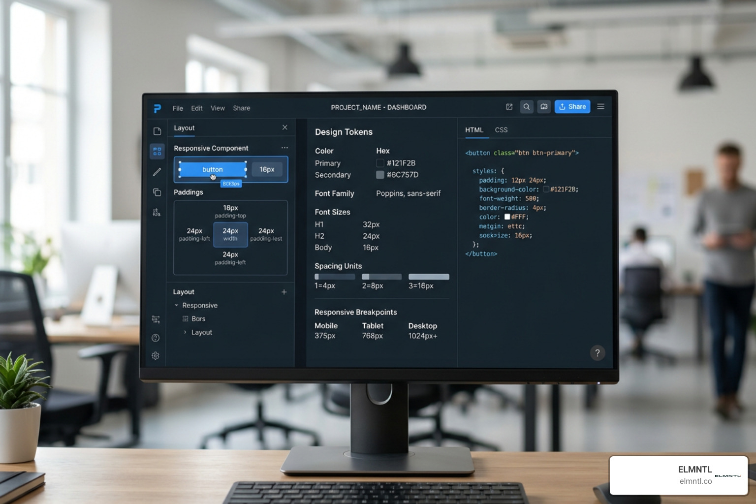 Modern developer handoff interface showing design tokens, layout inspection, and responsive component code