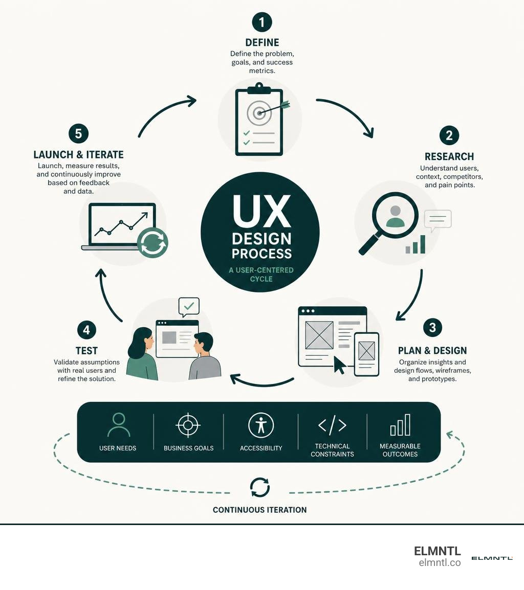 Infographic of the UX design process from problem definition through continuous iteration infographic
