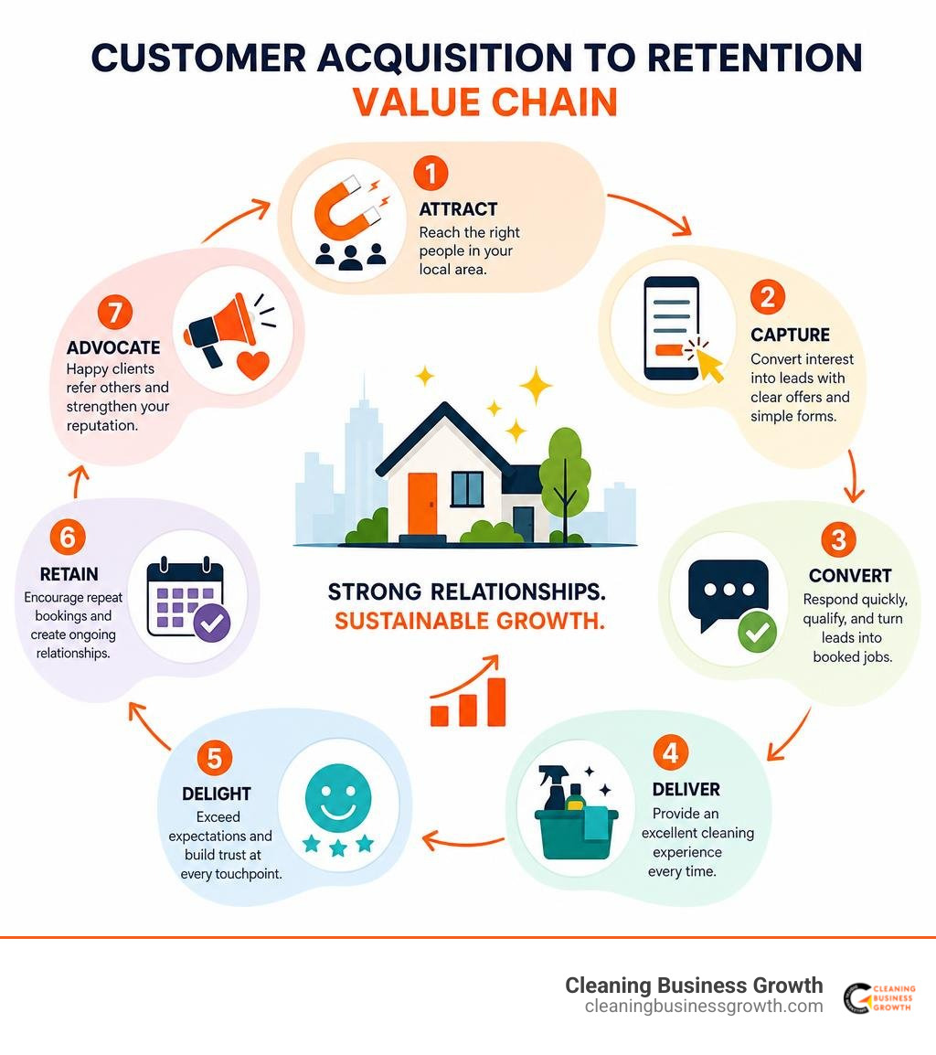 Customer acquisition to retention value chain without money amounts infographic Customer acquisition to retention value chain without money amounts infographic