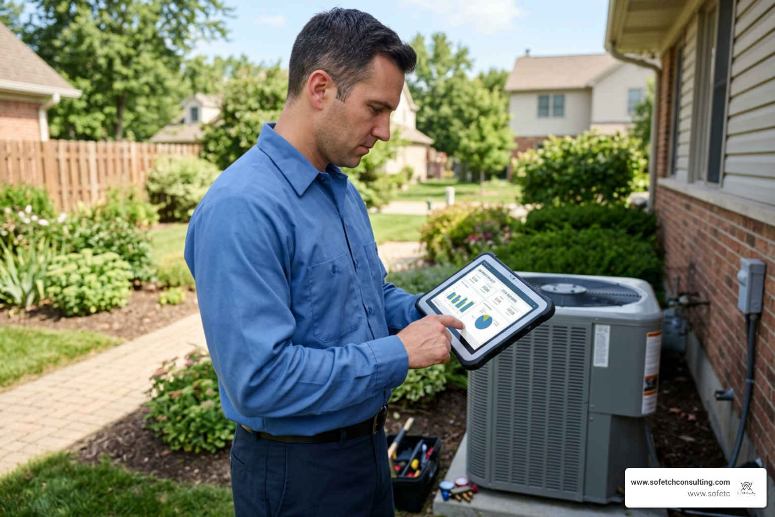 HVAC technician reviewing job profitability and lead ROI on a tablet HVAC technician reviewing job profitability and lead ROI on a tablet
