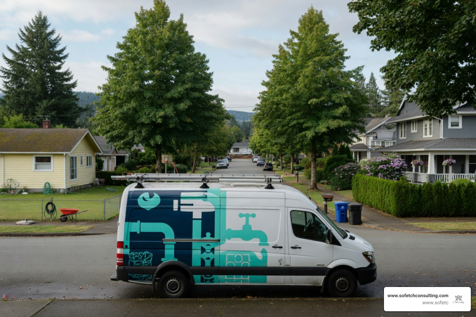 Fully booked home service work van on a neighborhood street Fully booked home service work van on a neighborhood street