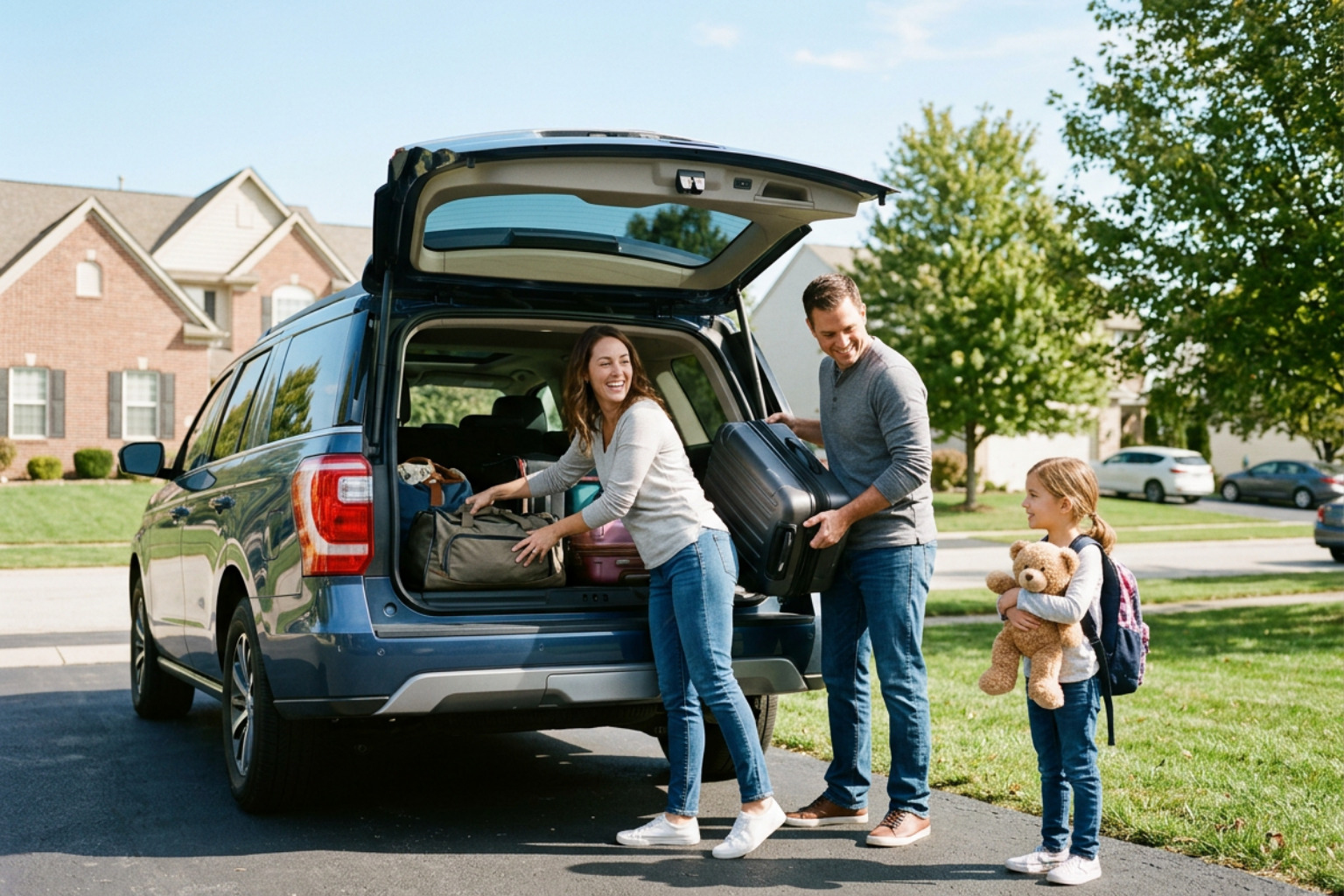 family packing luggage into a work-rated SUV for a weekend trip family packing luggage into a work-rated SUV for a weekend trip