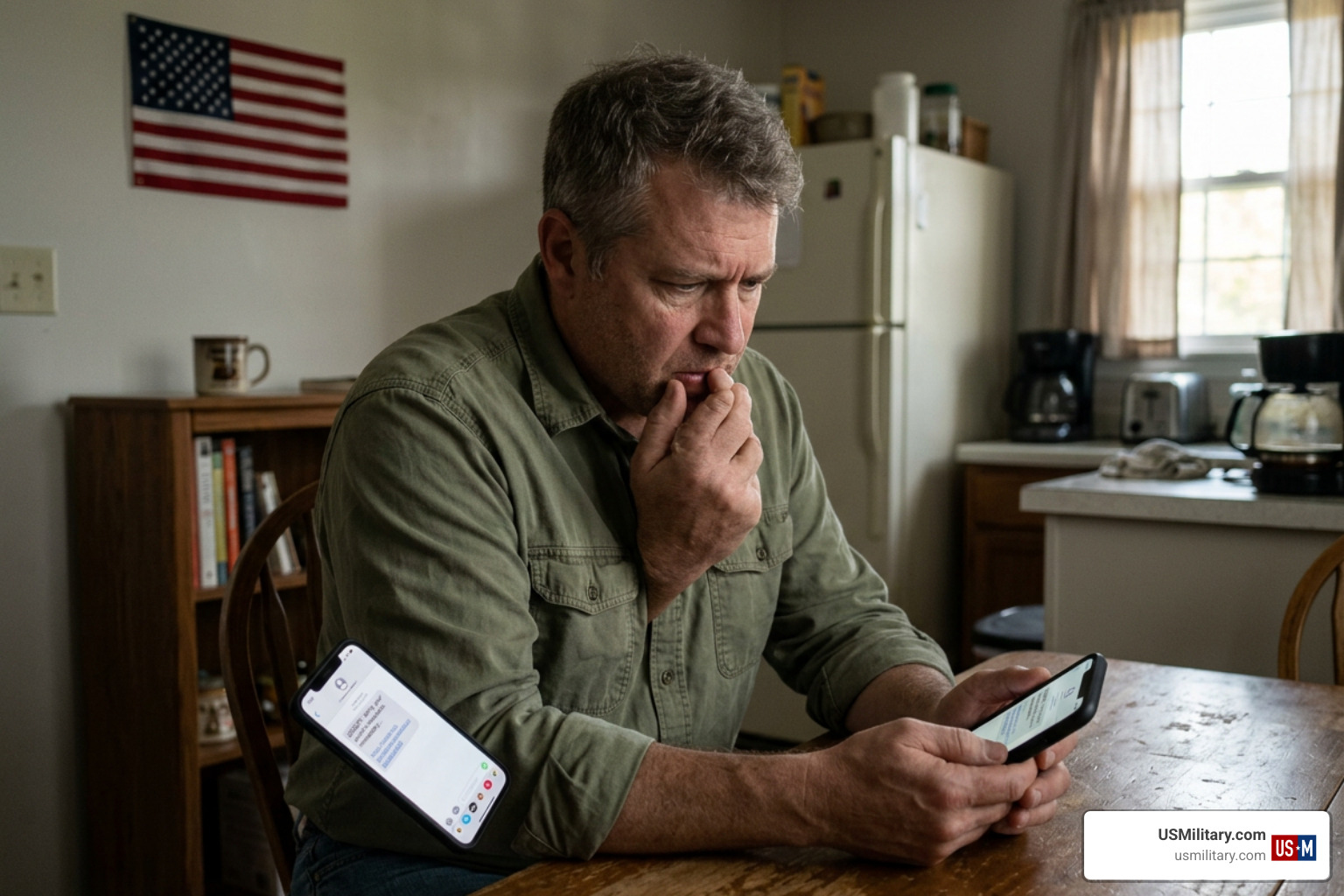 American military veteran looking concerned at fraudulent phone text message