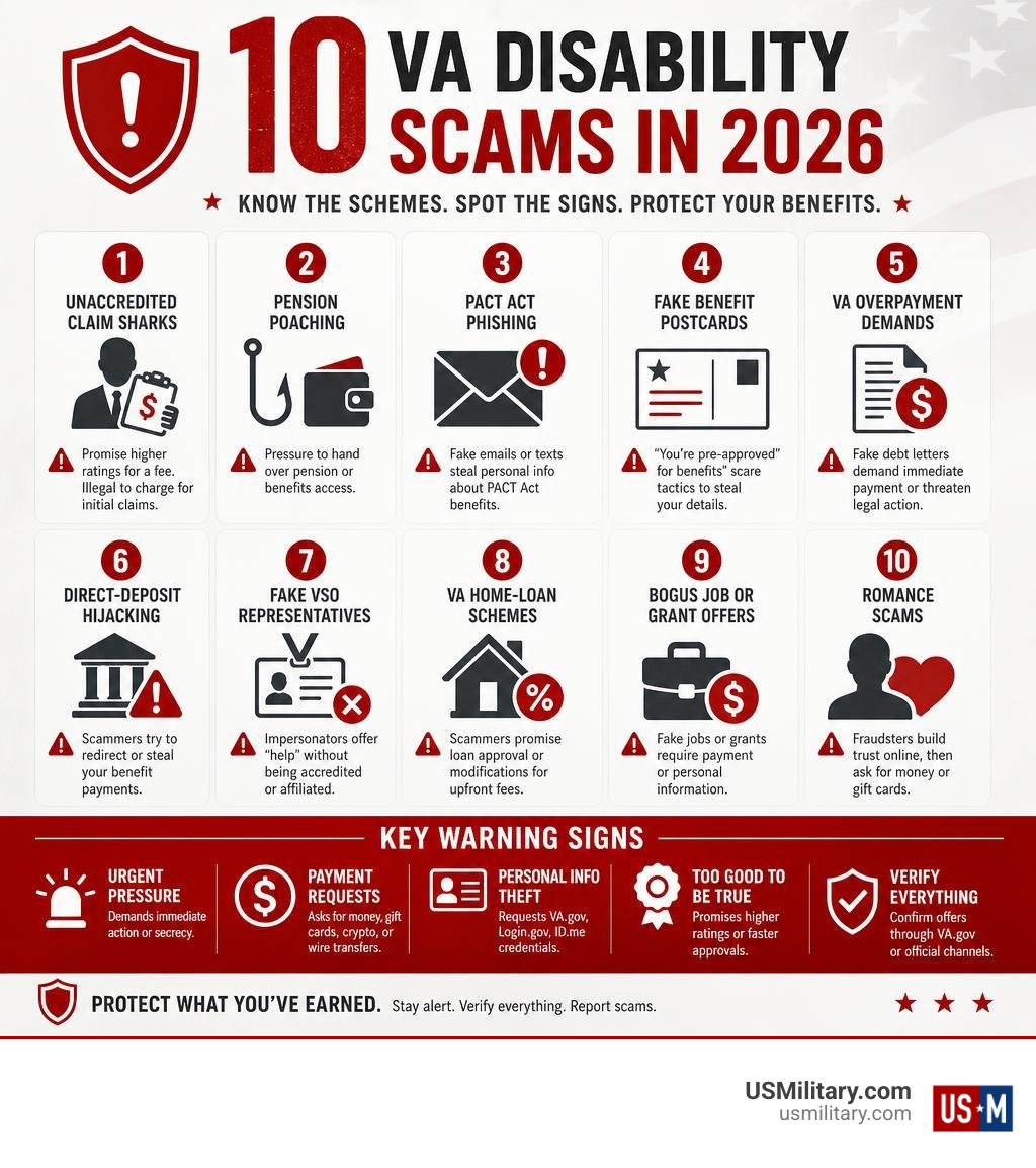 Infographic showing 10 VA disability scam categories and key warning signs infographic