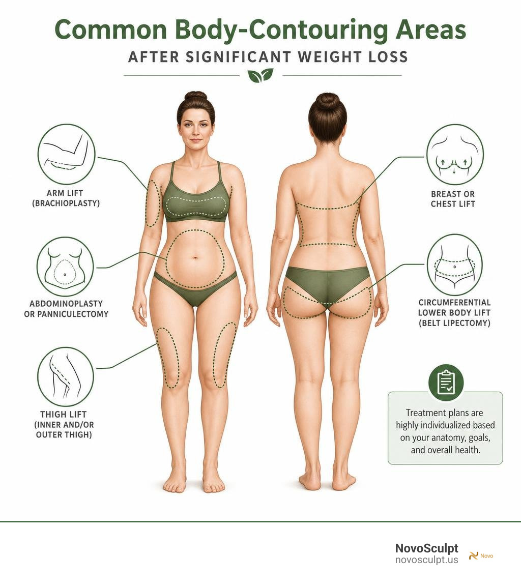 Medical illustration showing common body-contouring areas after significant weight loss infographic Medical illustration showing common body-contouring areas after significant weight loss infographic