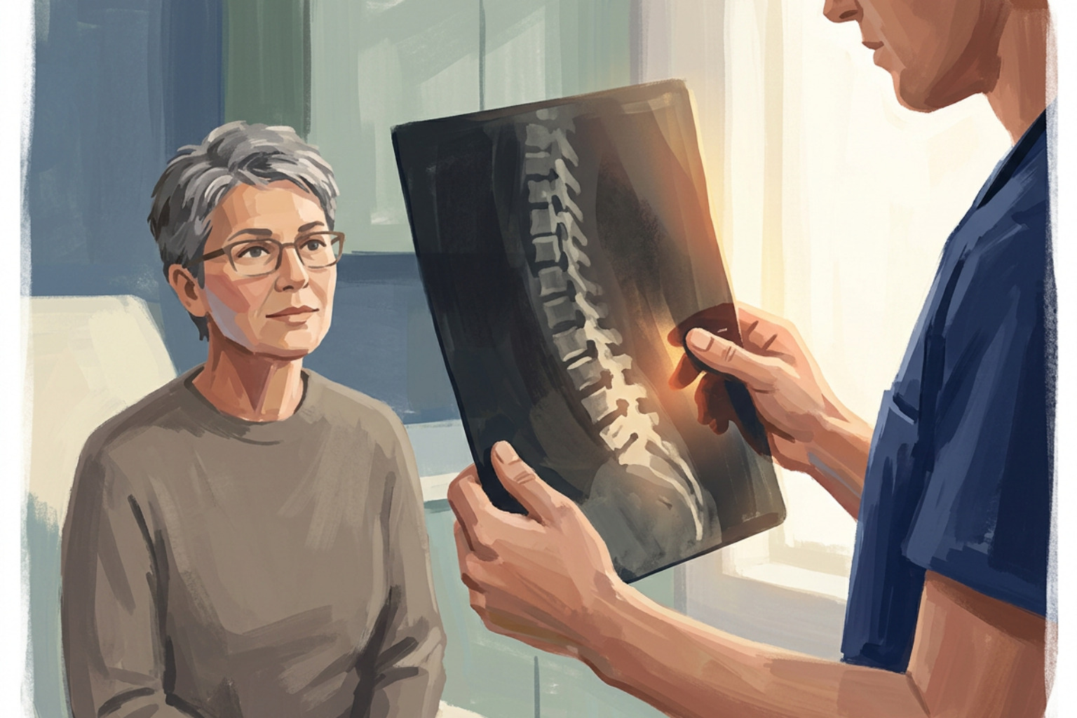 Clinician holding a spine X-ray film while a woman with glasses looks on