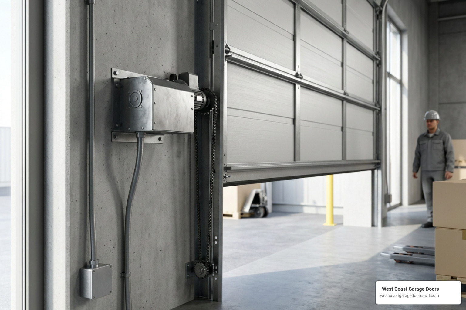 heavy-duty jackshaft operator installed on a high-lift sectional door heavy-duty jackshaft operator installed on a high-lift sectional door