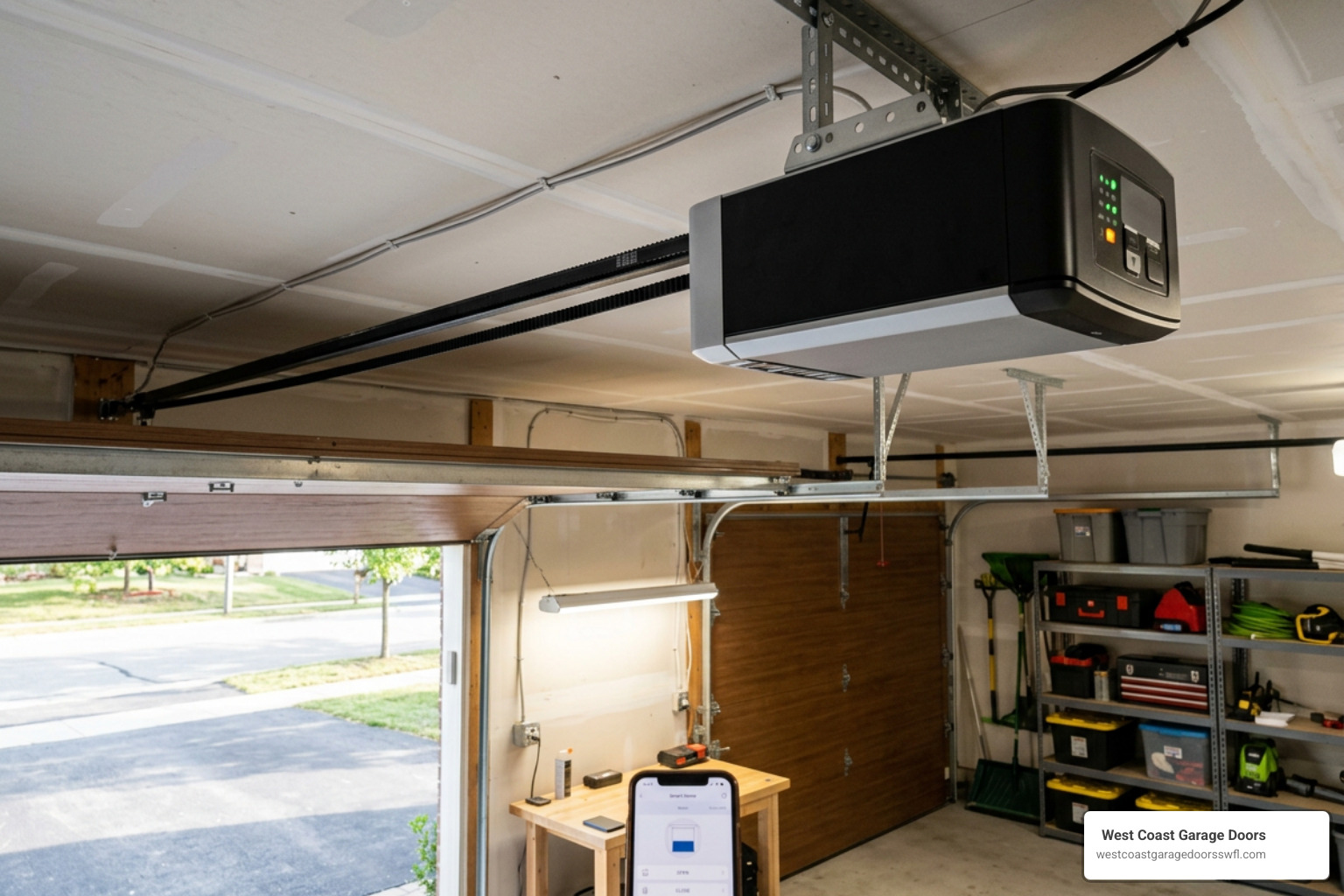 modern smart garage door opener installation with belt-drive motor and Wi-Fi capability