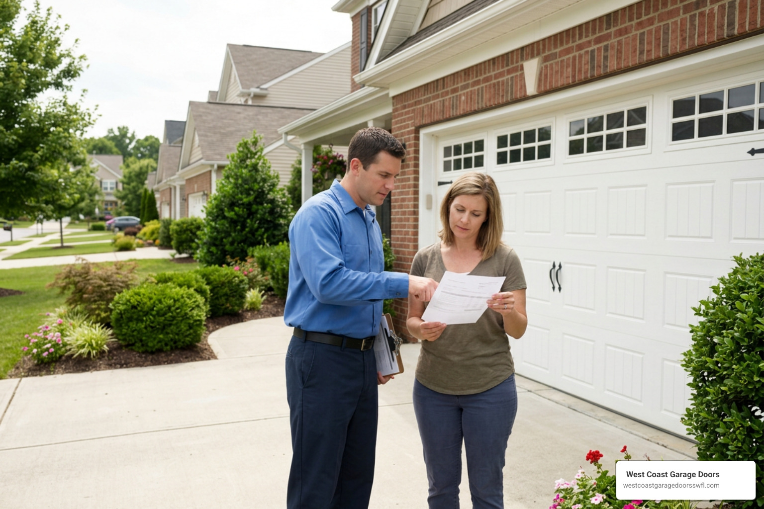 certified technician reviewing a garage door service estimate with a homeowner