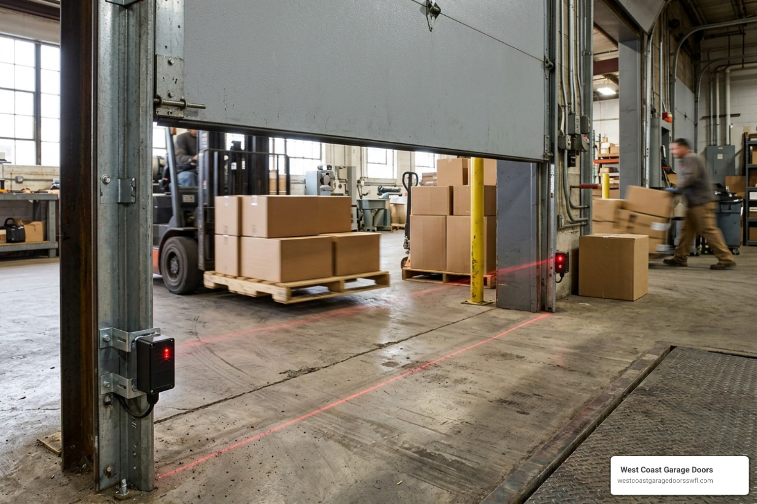 UL 325 commercial safety sensors and photo eyes on loading dock door UL 325 commercial safety sensors and photo eyes on loading dock door