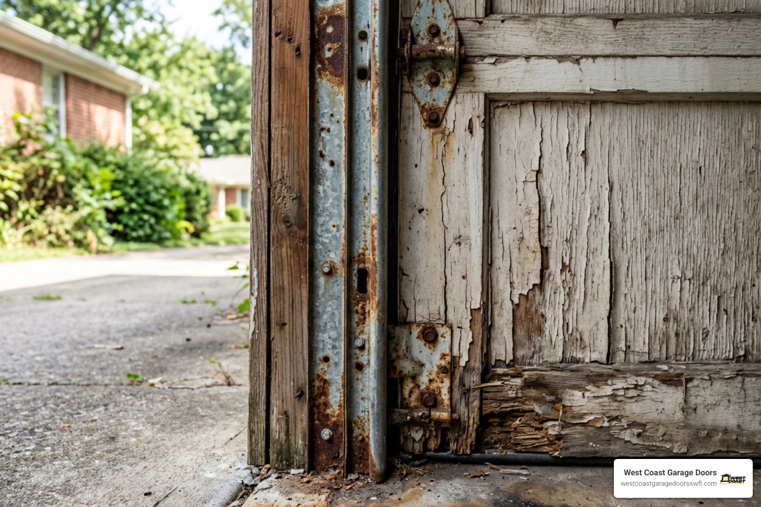rusted garage door track and cracked bottom panels
