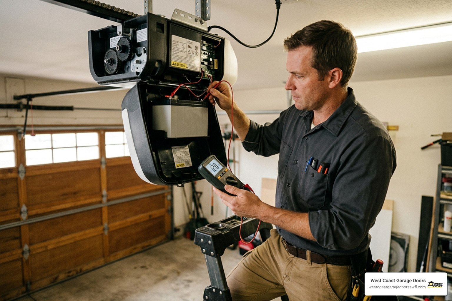 technician testing battery voltage on an opener unit with a multimeter
