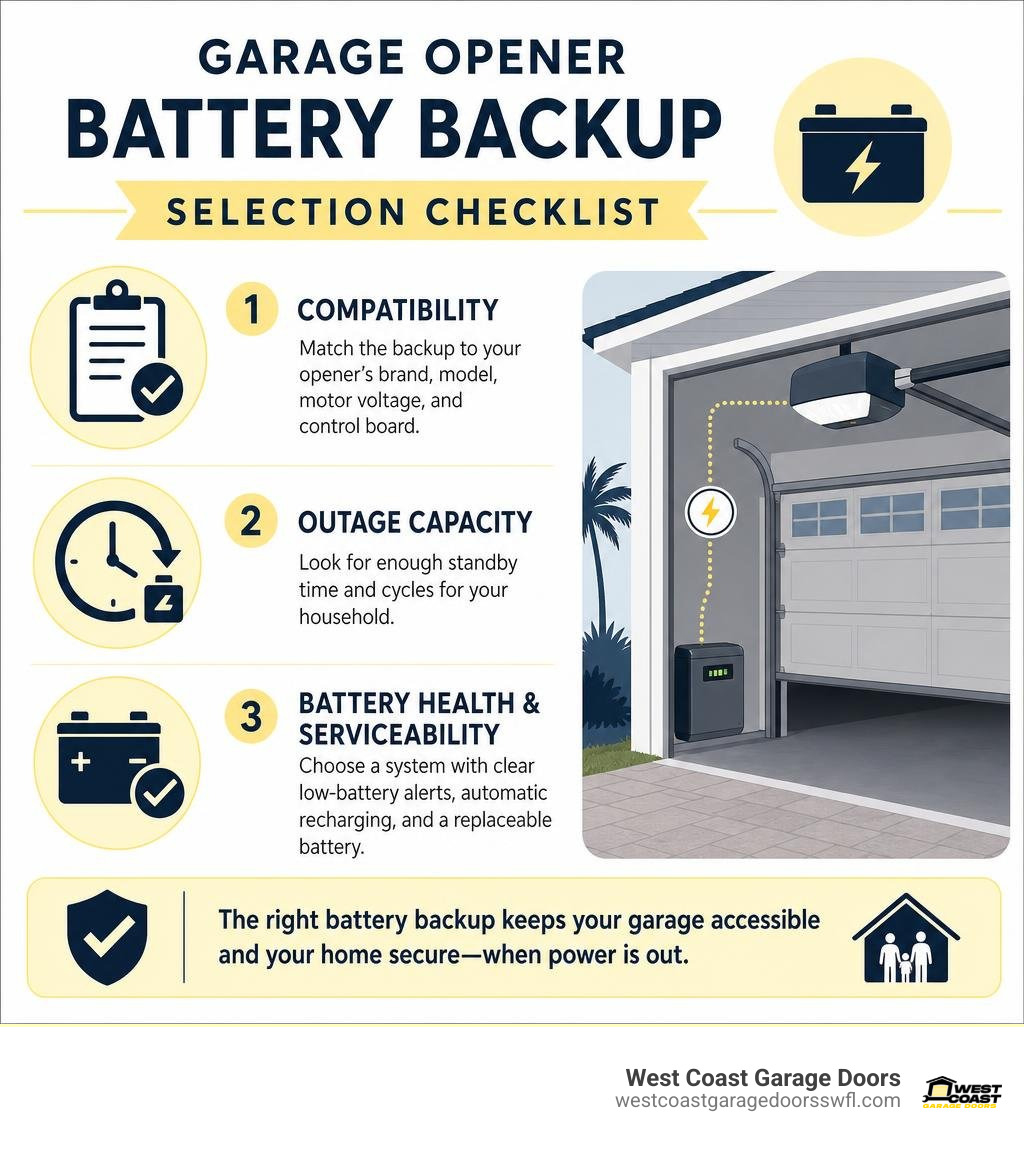 Garage opener battery backup selection checklist infographic